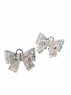 Betsey Johnson Silver Bow Post Earrings with Multicolor Rhinestones